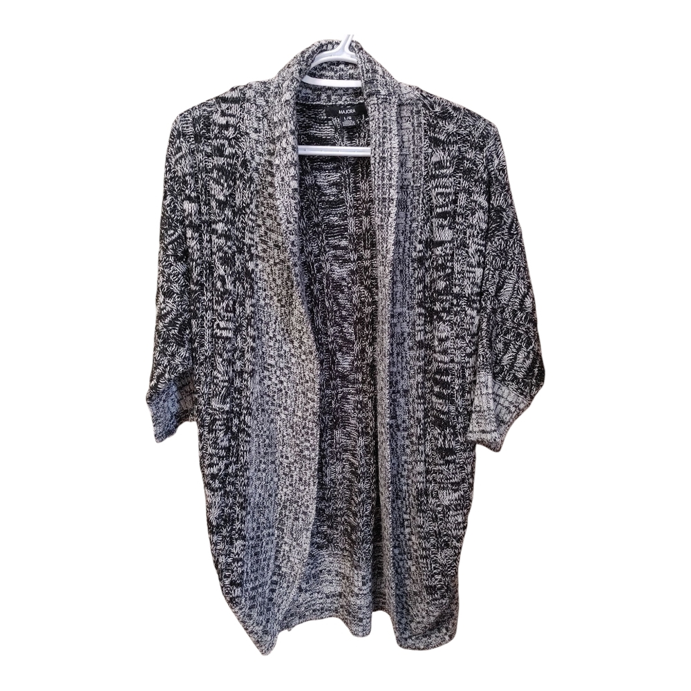 Black and White Open-Front Cardigan with Shawl Collar